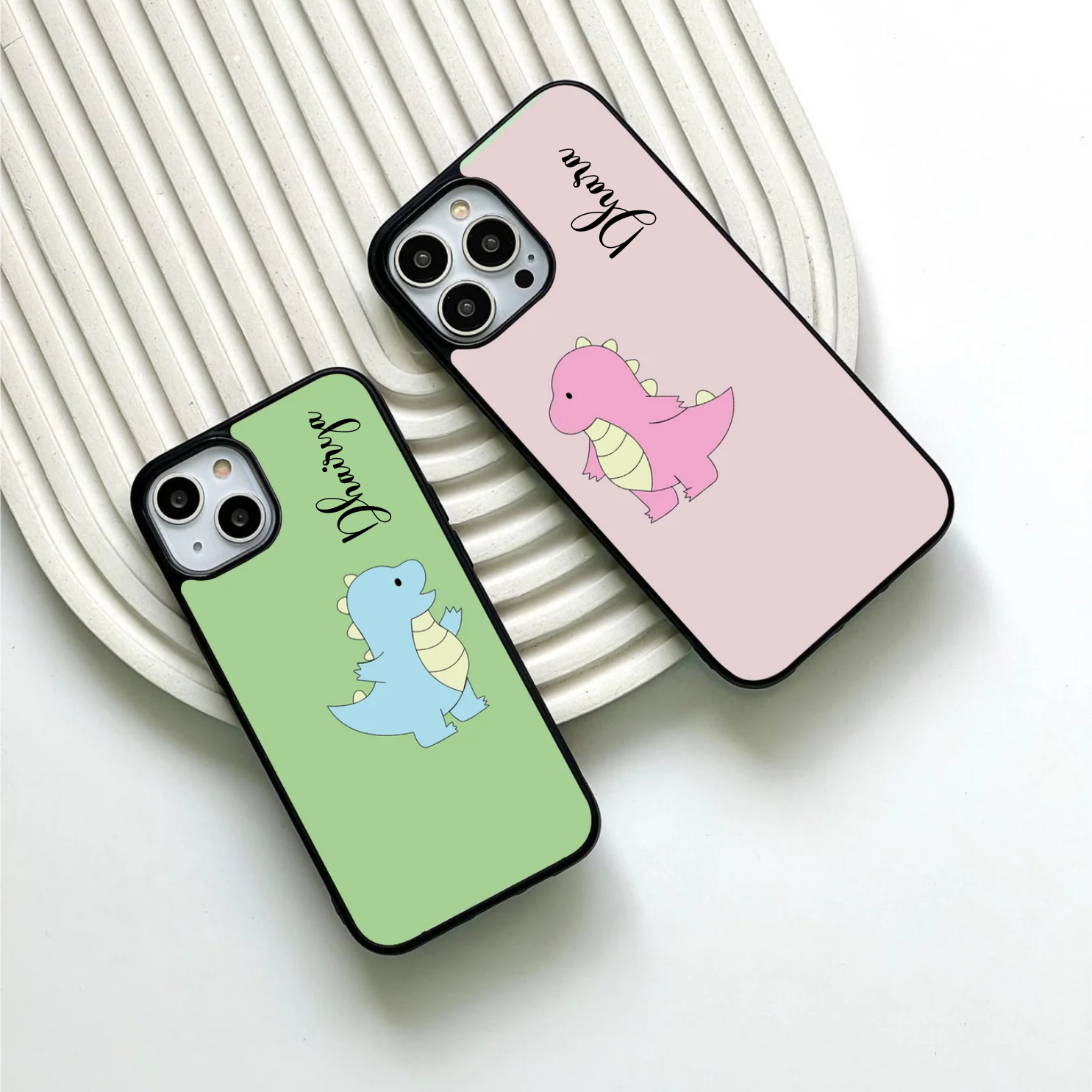 Pink & Blue Dinosaur Couple Glass Case - Image 2